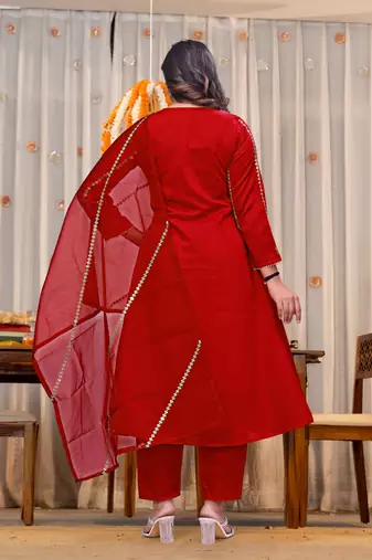 Women's Gorgeous Embroidery Work Chanderi Sik Fabric Flared Kurta Pant and Dupatta Set