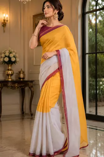 mustard yellow chanderi cotton plain printed ready to wear saree