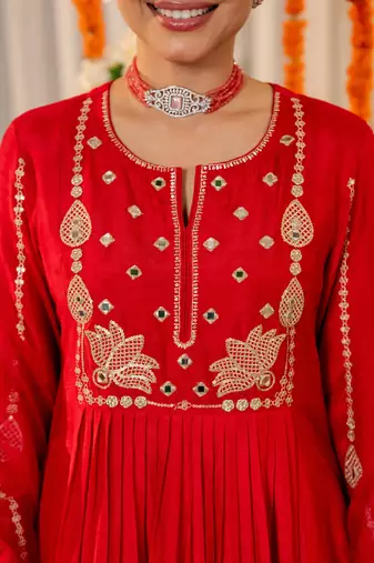 Women's Gorgeous Embroidery Work Chanderi Sik Fabric Flared Kurta Pant and Dupatta Set