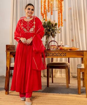 Women's Gorgeous Embroidery Work Chanderi Sik Fabric Flared Kurta Pant and Dupatta Set 5