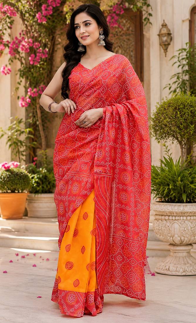 red & yellow chanderi cotton bandhani printed pre draped saree