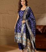 Floral printed silk blend round neck kurta trouser & dupatta set