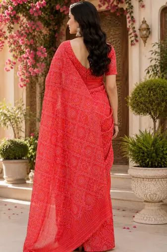 red & yellow chanderi cotton bandhani printed pre draped saree