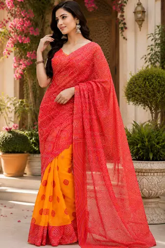 red & yellow chanderi cotton bandhani printed pre draped saree