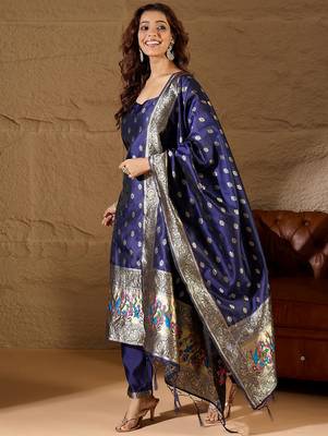 Floral printed silk blend round neck kurta trouser & dupatta set 3