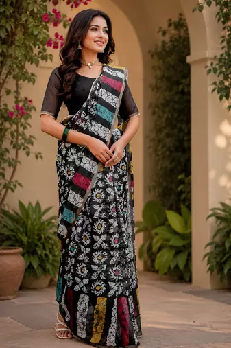 black chanderi cotton batik & block printed ready made saree