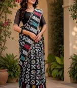 black chanderi cotton batik & block printed ready made saree