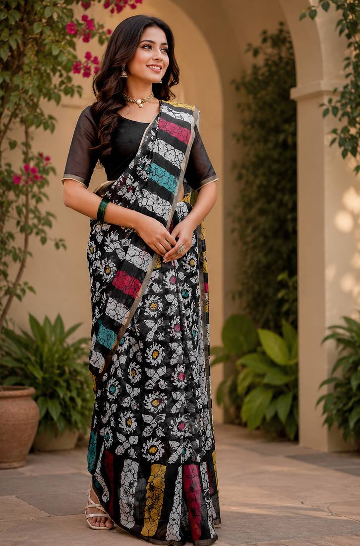 black chanderi cotton batik & block printed ready made saree