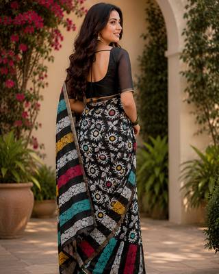 black chanderi cotton batik & block printed ready made saree 3