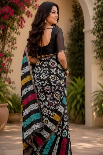 black chanderi cotton batik & block printed ready made saree