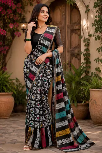 black chanderi cotton batik & block printed ready made saree