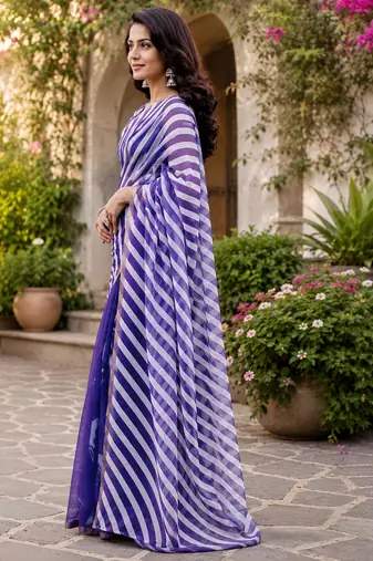 grape purple & white chanderi cotton leheriya printed pre-stitched saree