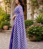 grape purple & white chanderi cotton leheriya printed pre-stitched saree