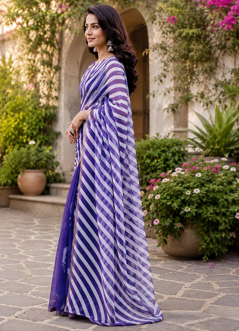 grape purple & white chanderi cotton leheriya printed pre-stitched saree