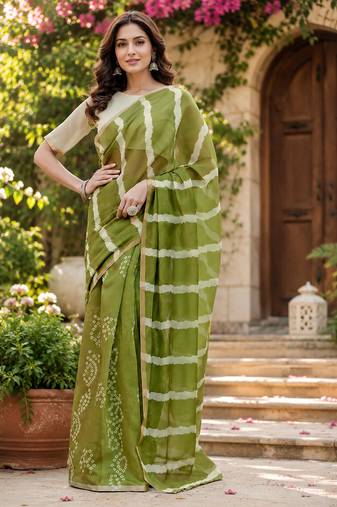 mehendi green chanderi cotton shibori striped printed ready to wear saree