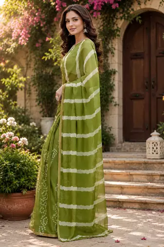 mehendi green chanderi cotton shibori striped printed ready to wear saree