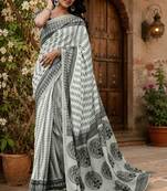 grey & black chanderi cotton geomatric & ethnic motifs printed pre draped saree