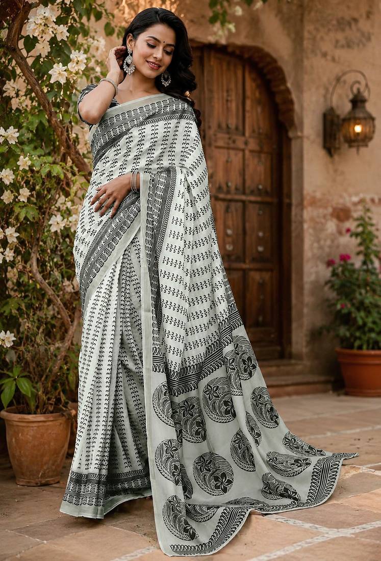 grey & black chanderi cotton geomatric & ethnic motifs printed pre draped saree