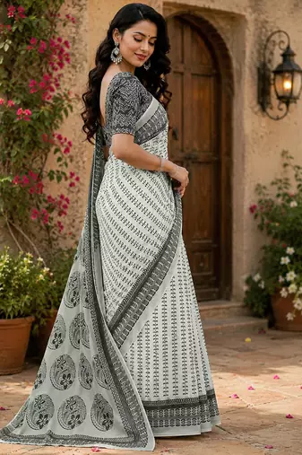 grey & black chanderi cotton geomatric & ethnic motifs printed pre draped saree