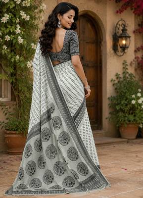 grey & black chanderi cotton geomatric & ethnic motifs printed pre draped saree 3