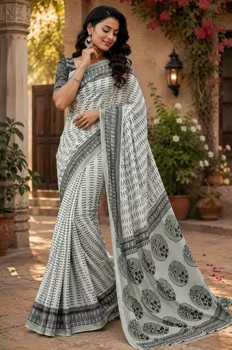 grey & black chanderi cotton geomatric & ethnic motifs printed pre draped saree