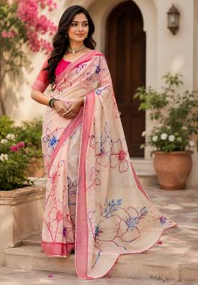 cream & pink chanderi cotton floral printed ready made saree 1