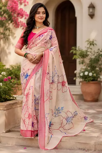 cream & pink chanderi cotton floral printed ready made saree