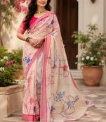 cream & pink chanderi cotton floral printed ready made saree