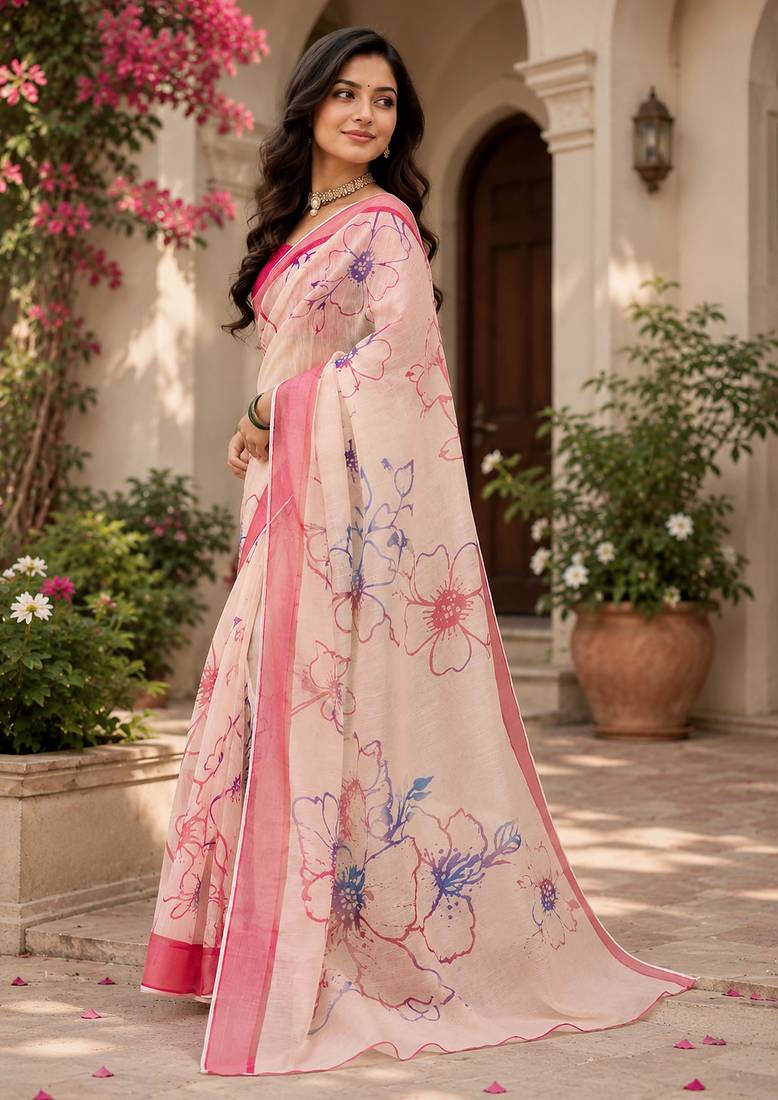 cream & pink chanderi cotton floral printed ready made saree