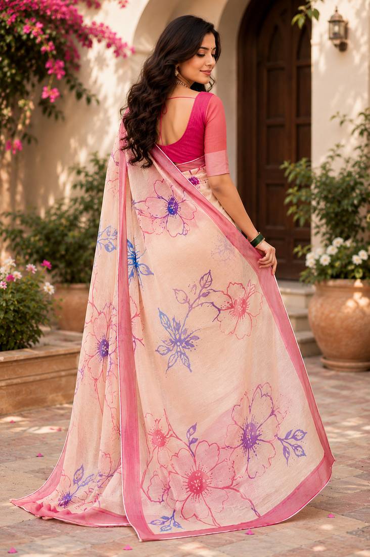 cream & pink chanderi cotton floral printed ready made saree