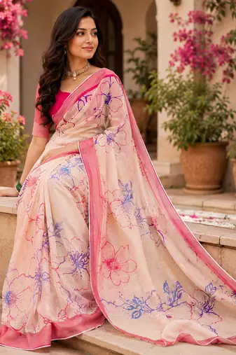 cream & pink chanderi cotton floral printed ready made saree