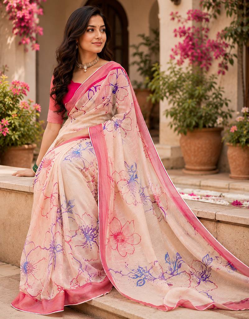 cream & pink chanderi cotton floral printed ready made saree