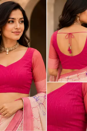 cream & pink chanderi cotton floral printed ready made saree