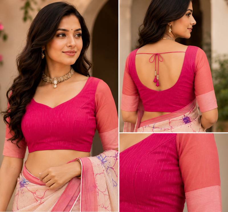 cream & pink chanderi cotton floral printed ready made saree