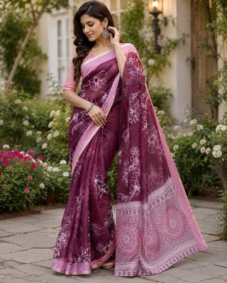 wine chanderi cotton floral printed pre-stitched saree 1