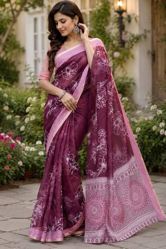 wine chanderi cotton floral printed pre-stitched saree