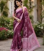 wine chanderi cotton floral printed pre-stitched saree