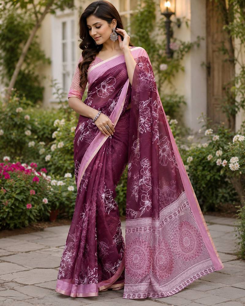 wine chanderi cotton floral printed pre-stitched saree