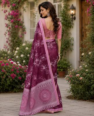 wine chanderi cotton floral printed pre-stitched saree 3