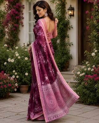 wine chanderi cotton floral printed pre-stitched saree 4
