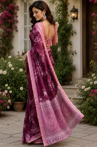 wine chanderi cotton floral printed pre-stitched saree