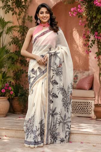 off white chanderi cotton floral printed ready to wear saree