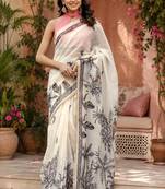 off white chanderi cotton floral printed ready to wear saree