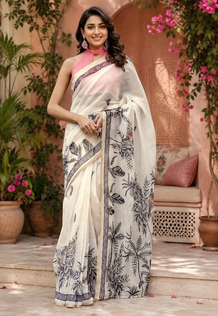 off white chanderi cotton floral printed ready to wear saree