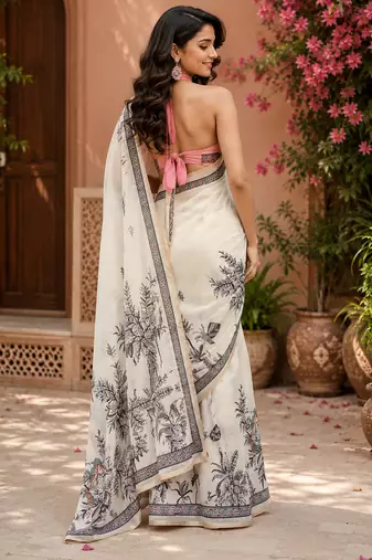 off white chanderi cotton floral printed ready to wear saree