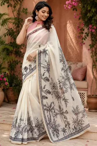 off white chanderi cotton floral printed ready to wear saree
