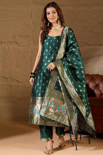 Floral printed silk blend round neck kurta trouser & dupatta set