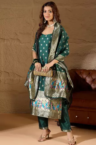 Floral printed silk blend round neck kurta trouser & dupatta set