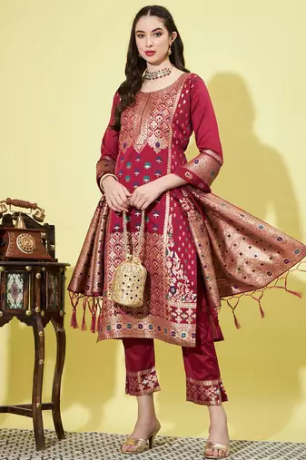 Floral printed silk blend round neck kurta trouser & dupatta set
