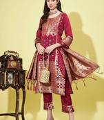 Floral printed silk blend round neck kurta trouser & dupatta set